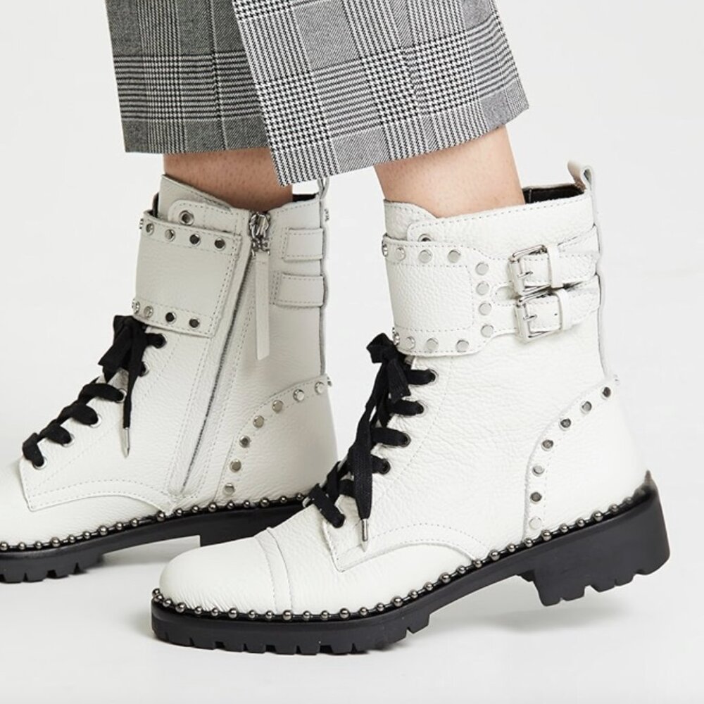 EXCELLENT CONDITION Sam Edelman LEATHER Studded Combat Boots Bright White Sz: 6